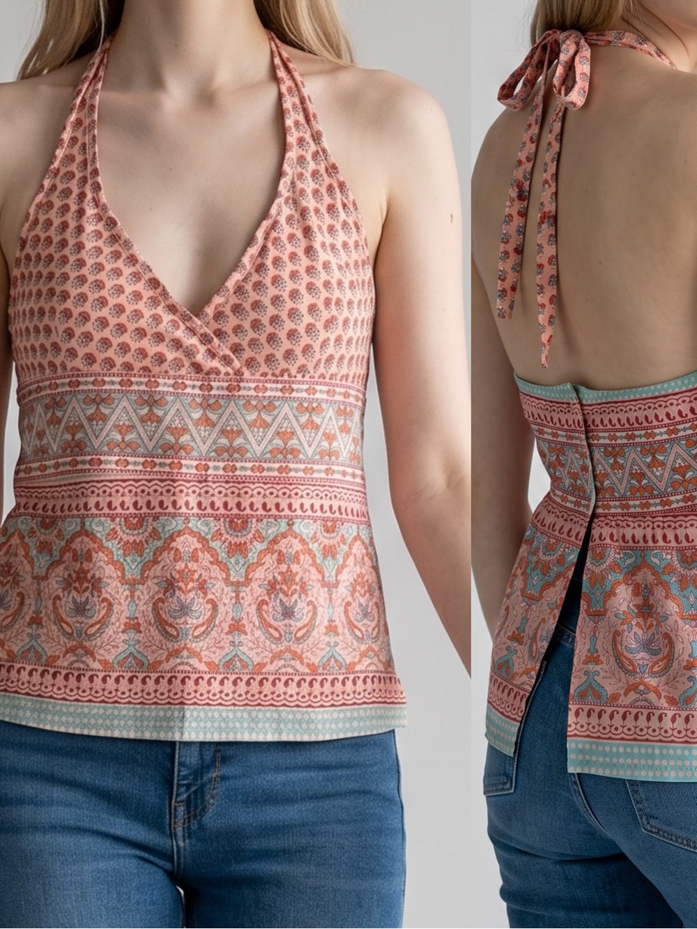 Boho 100% Cotton Halter Peplum Camisole in Coral Multi